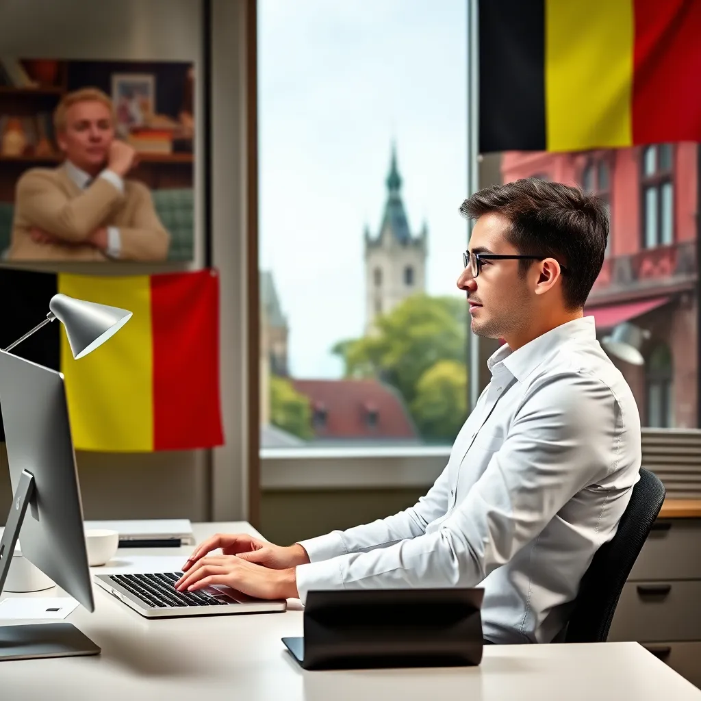 Belgische professional die productief werkt aan een bureau met typisch Belgische elementen