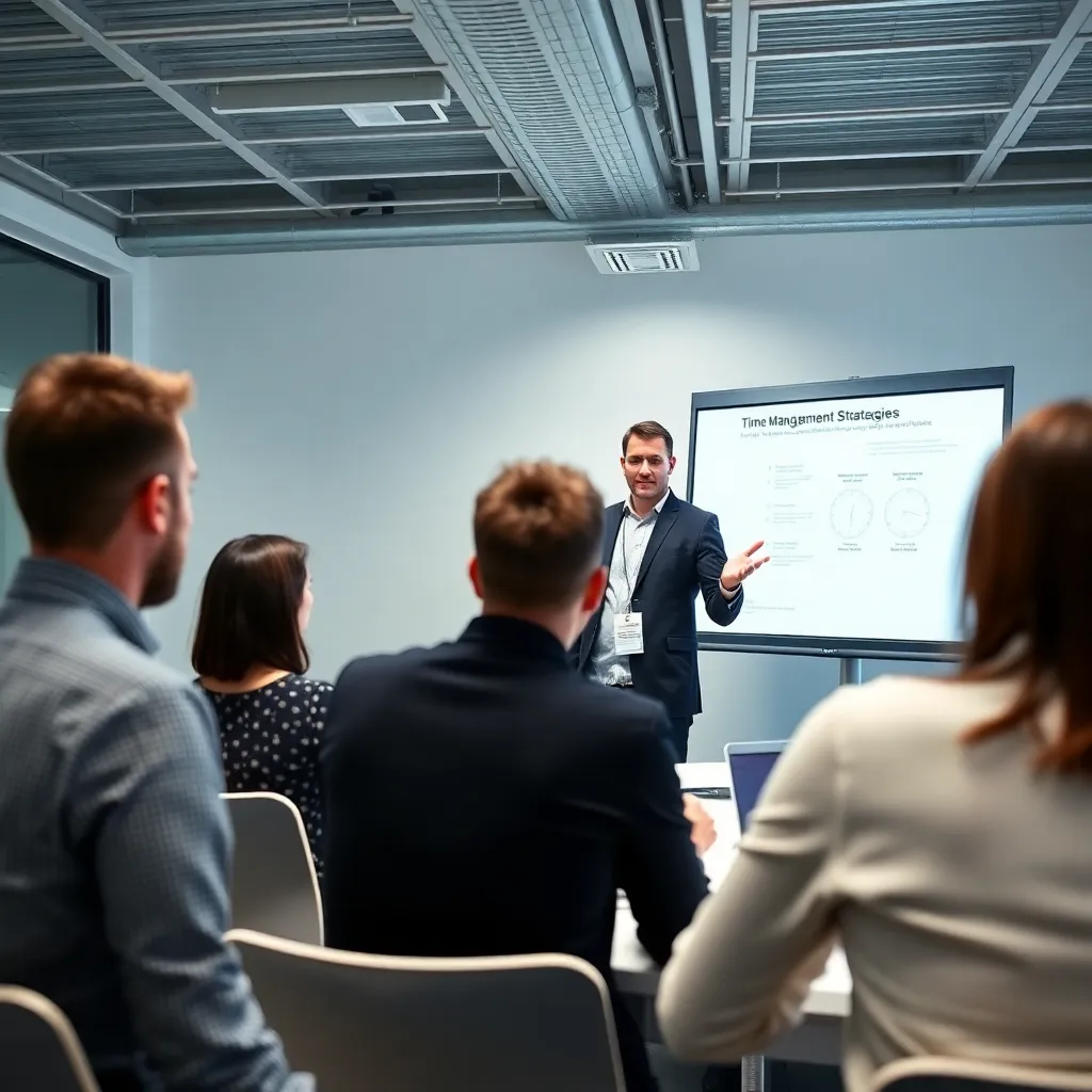 Professionele trainer geeft uitleg aan deelnemers tijdens de tijdsbeheer masterclass in Antwerpen